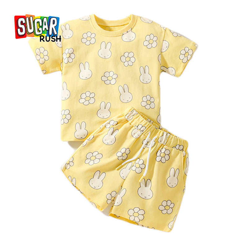 Girls Yellow Conversational Printed Pure Cotton Top with Shorts