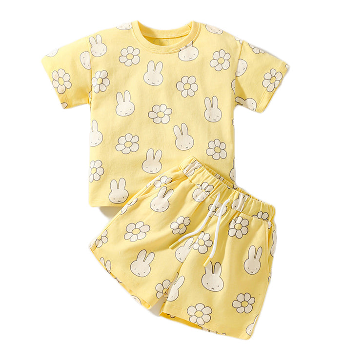 Girls Yellow Conversational Printed Pure Cotton Top with Shorts
