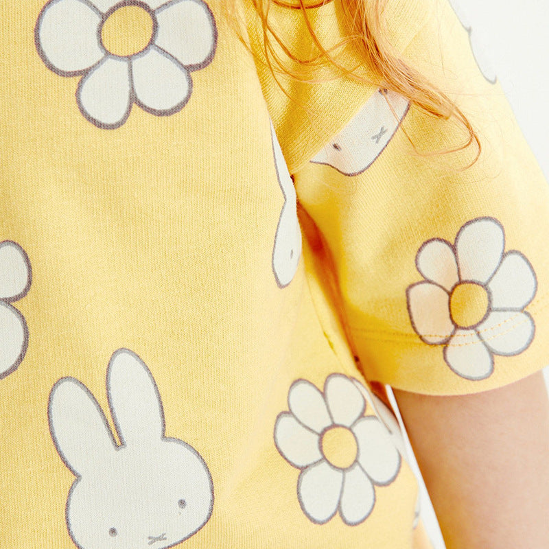 Girls Yellow Conversational Printed Pure Cotton Top with Shorts