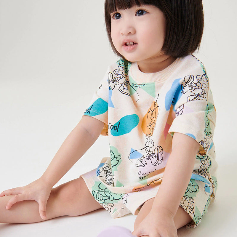 Girls Off-White Printed Pure Cotton T-shirt With Shorts