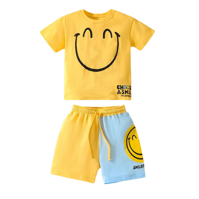Boys Yellow Printed Pure Cotton T-shirt With Shorts