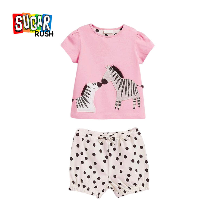 Girls Pink Graphic Embroidered Pure Cotton Top with Shorts
