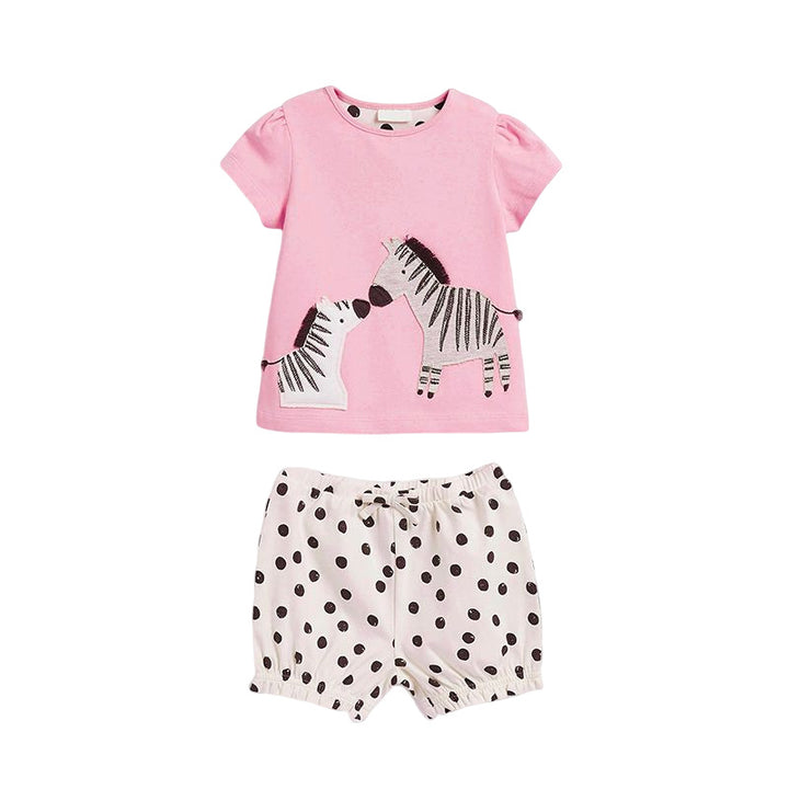 Girls Pink Graphic Embroidered Pure Cotton Top with Shorts