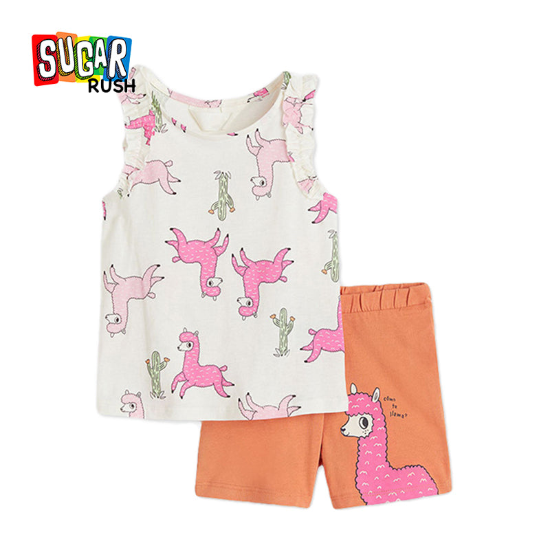 Girls White & Orange Printed Pure Cotton Top With Shorts