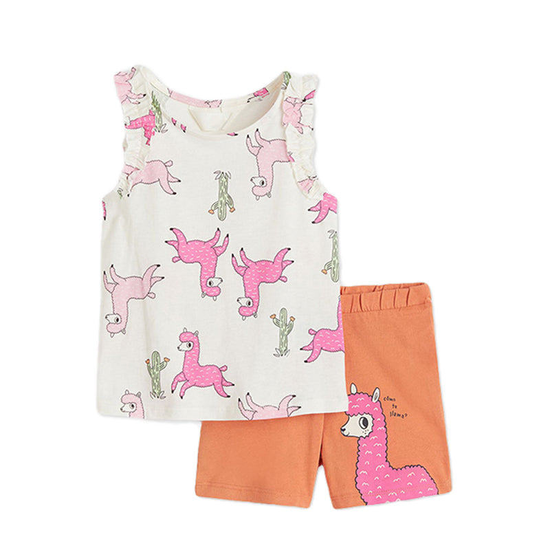 Girls White & Orange Printed Pure Cotton Top With Shorts