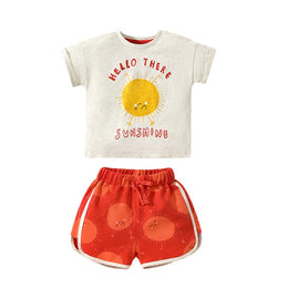 Girls Beige & Red Printed Pure Cotton Top with Shorts