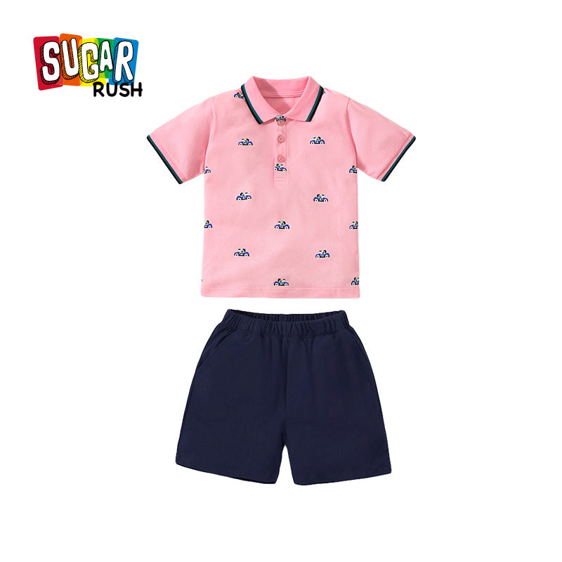 Boys Pink Printed Pure Cotton Top with Shorts