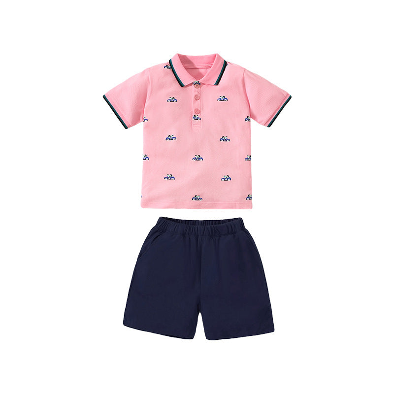 Boys Pink Printed Pure Cotton Top with Shorts