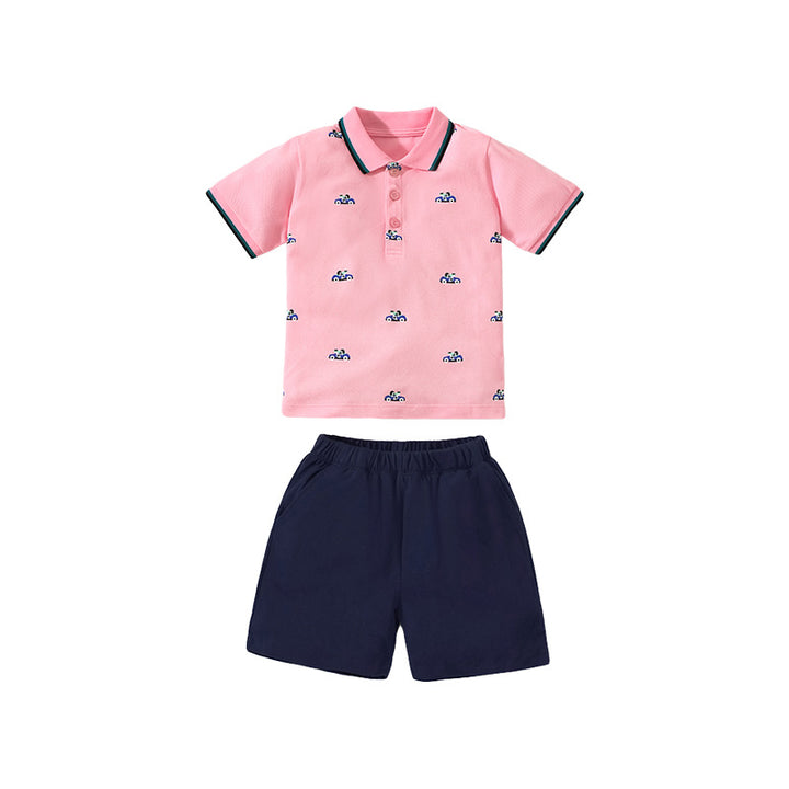 Boys Pink Printed Pure Cotton Top with Shorts