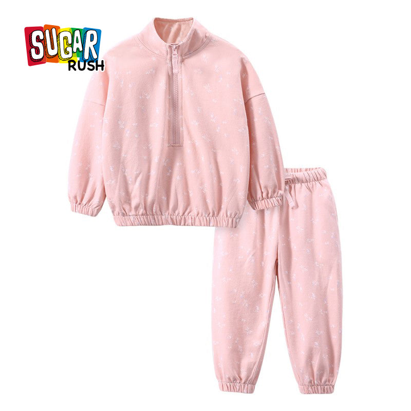 Girls Pink & White Floral Printed Sweatshirt With Printed Pyjama