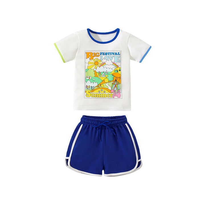Girls Navy Blue Printed Top With Shorts