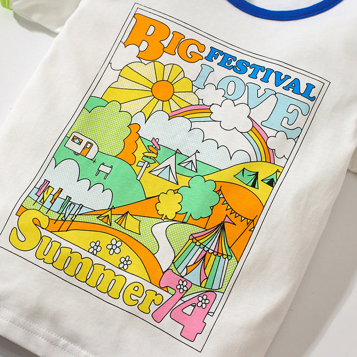 Girls Navy Blue Printed Top With Shorts