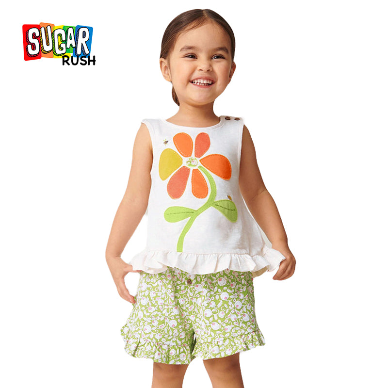 Girls White Floral Printed Pure Cotton Top with Shorts