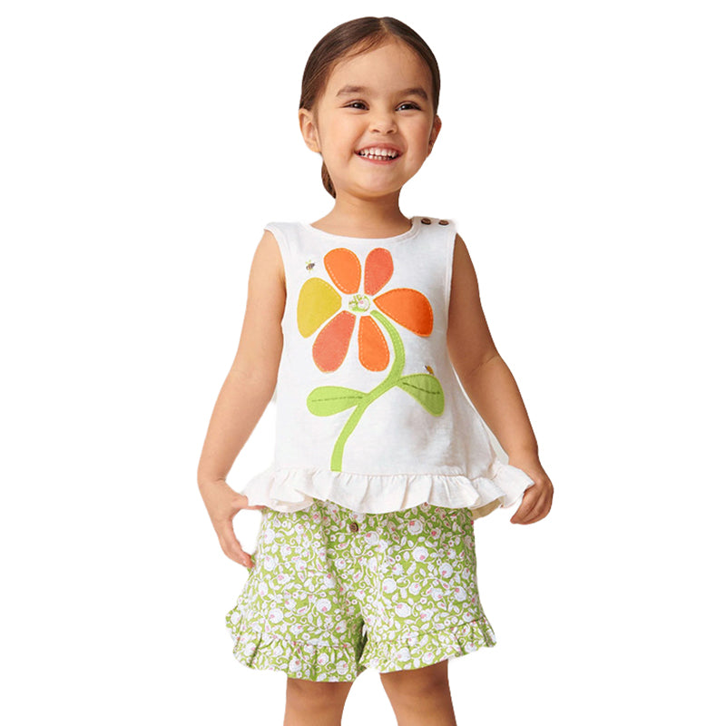 Girls White Floral Printed Pure Cotton Top with Shorts