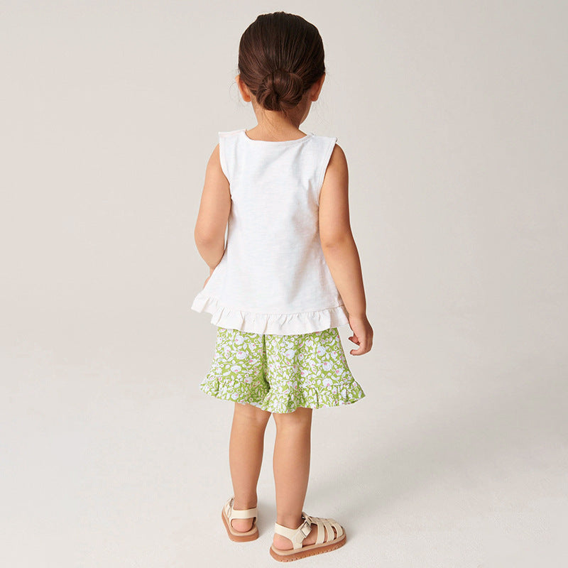 Girls White Floral Printed Pure Cotton Top with Shorts