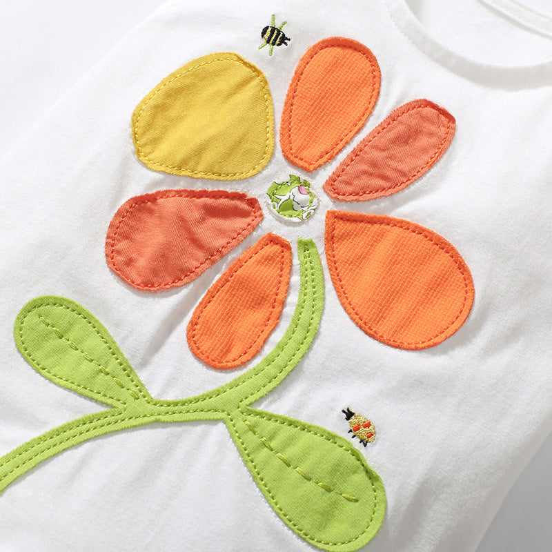 Girls White Floral Printed Pure Cotton Top with Shorts