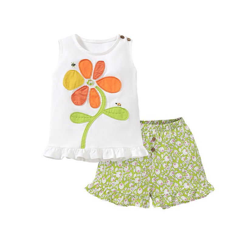 Girls White Floral Printed Pure Cotton Top with Shorts