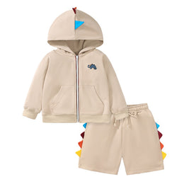 Boys Beige Hooded Pure Cotton Sweatshirt With Shorts