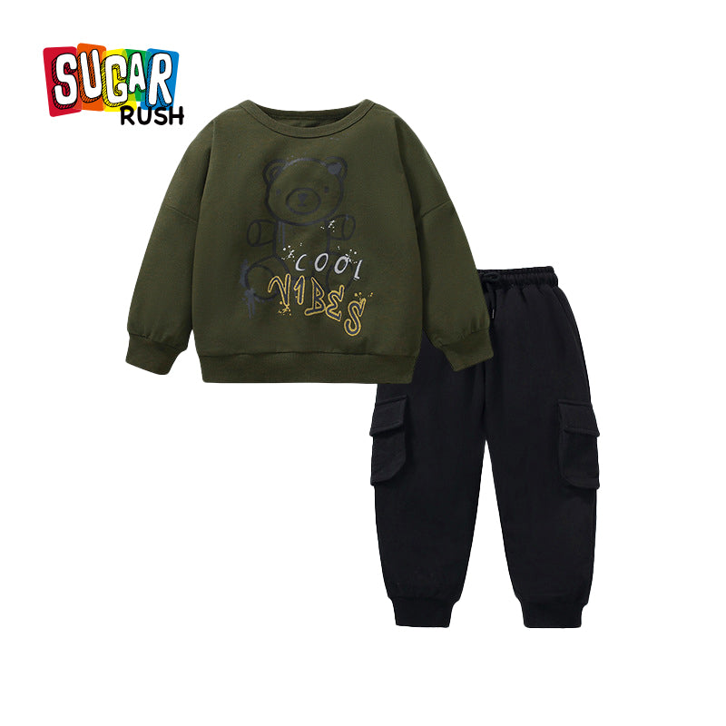 Boys Green & Black Printed Pure Cotton T-shirt with Trousers