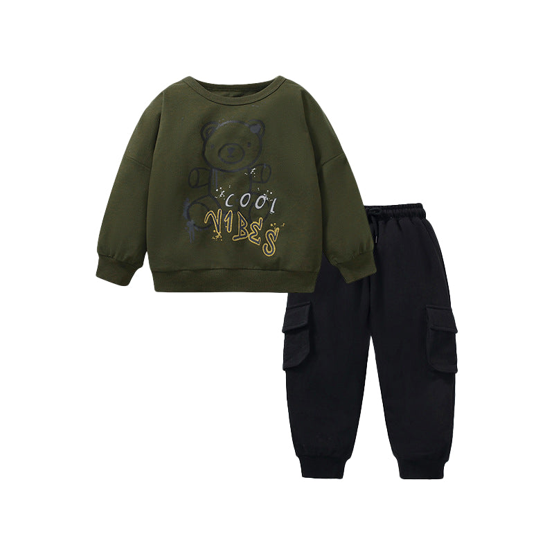 Boys Green & Black Printed Pure Cotton T-shirt with Trousers