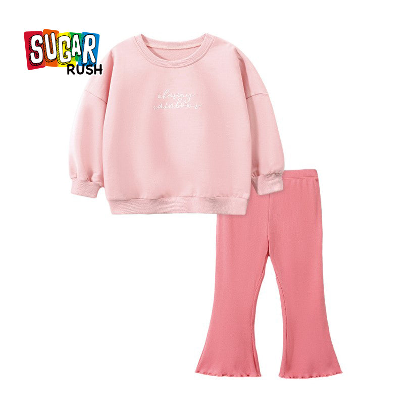 Girls Pink Typography Printed Pure Cotton T-shirt with Leggings