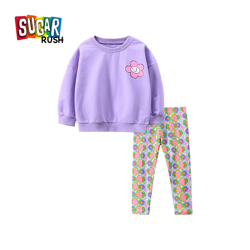 Girls Purple Printed Pure Cotton Sweatshirt With Trousers