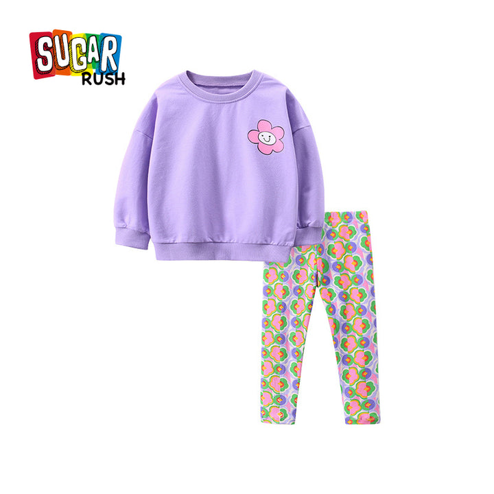 Girls Purple Printed Pure Cotton Sweatshirt With Trousers