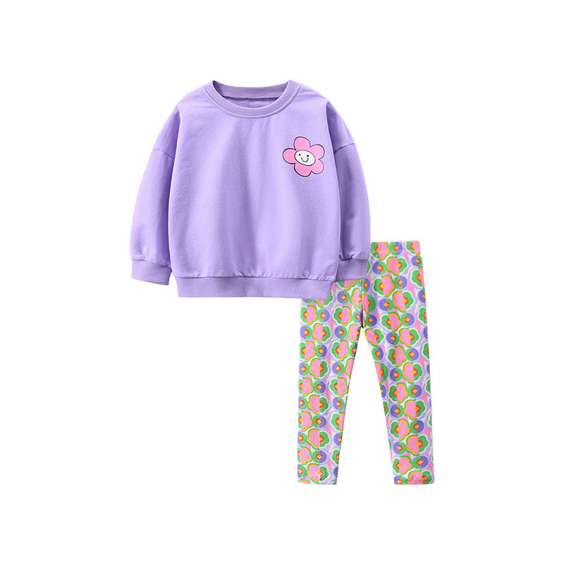 Girls Purple Printed Pure Cotton Sweatshirt With Trousers