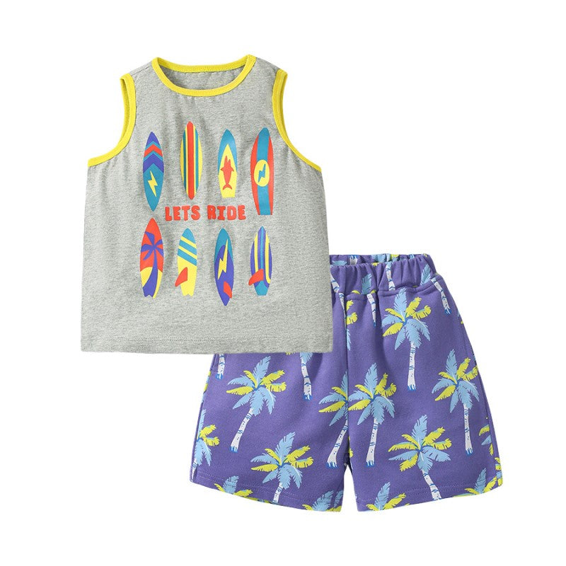 Boys Round Neck Sleeveless Printed Top with Shorts