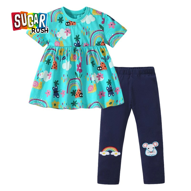 Girls Blue & Green Printed Top with Leggings