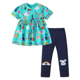 Girls Blue & Green Printed Top with Leggings