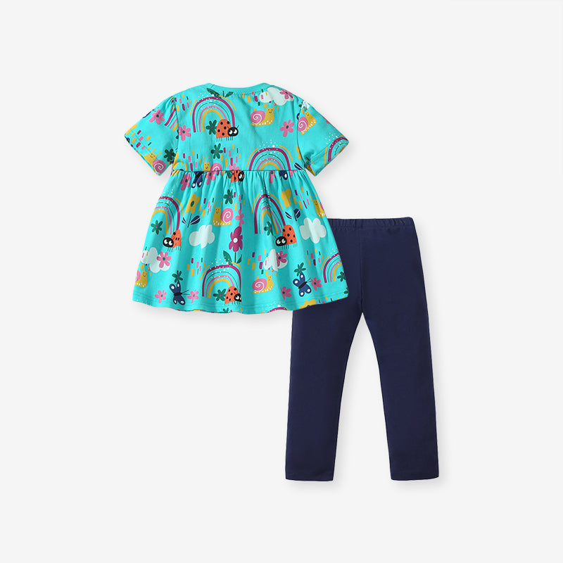 Girls Blue & Green Printed Top with Leggings