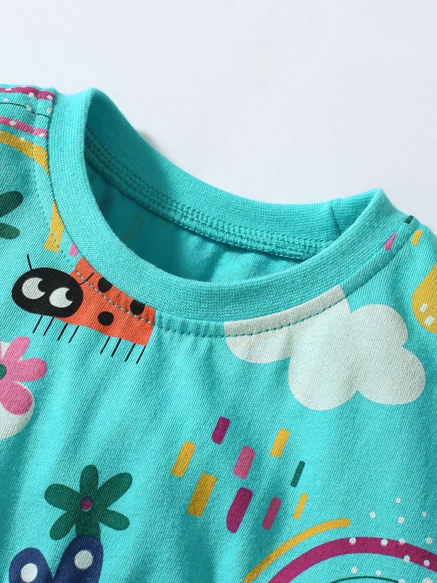 Girls Blue & Green Printed Top with Leggings