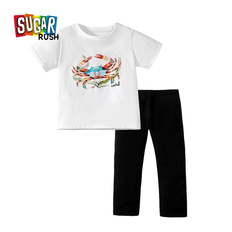 Girls White & Black Graphic Printed Pure Cotton T-shirt with Pyjamas