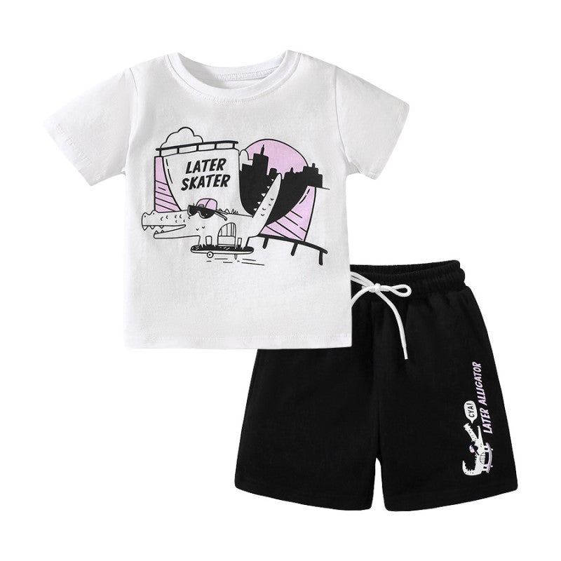 Boys White & Black Printed Pure Cotton T-shirt with Shorts