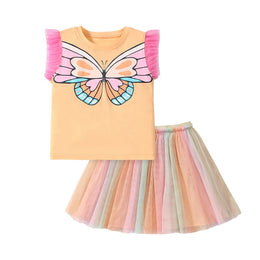Girls Orange & Pink Printed Top with Skirt