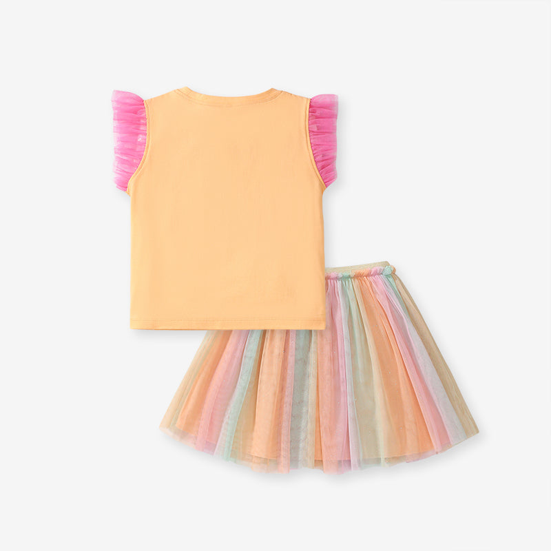 Girls Orange & Pink Printed Top with Skirt