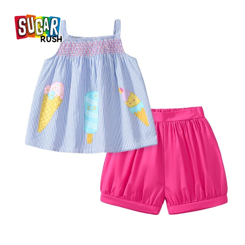 Girls Blue & Pink Printed Shoulder Straps Top with Shorts