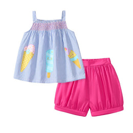 Girls Blue & Pink Printed Shoulder Straps Top with Shorts