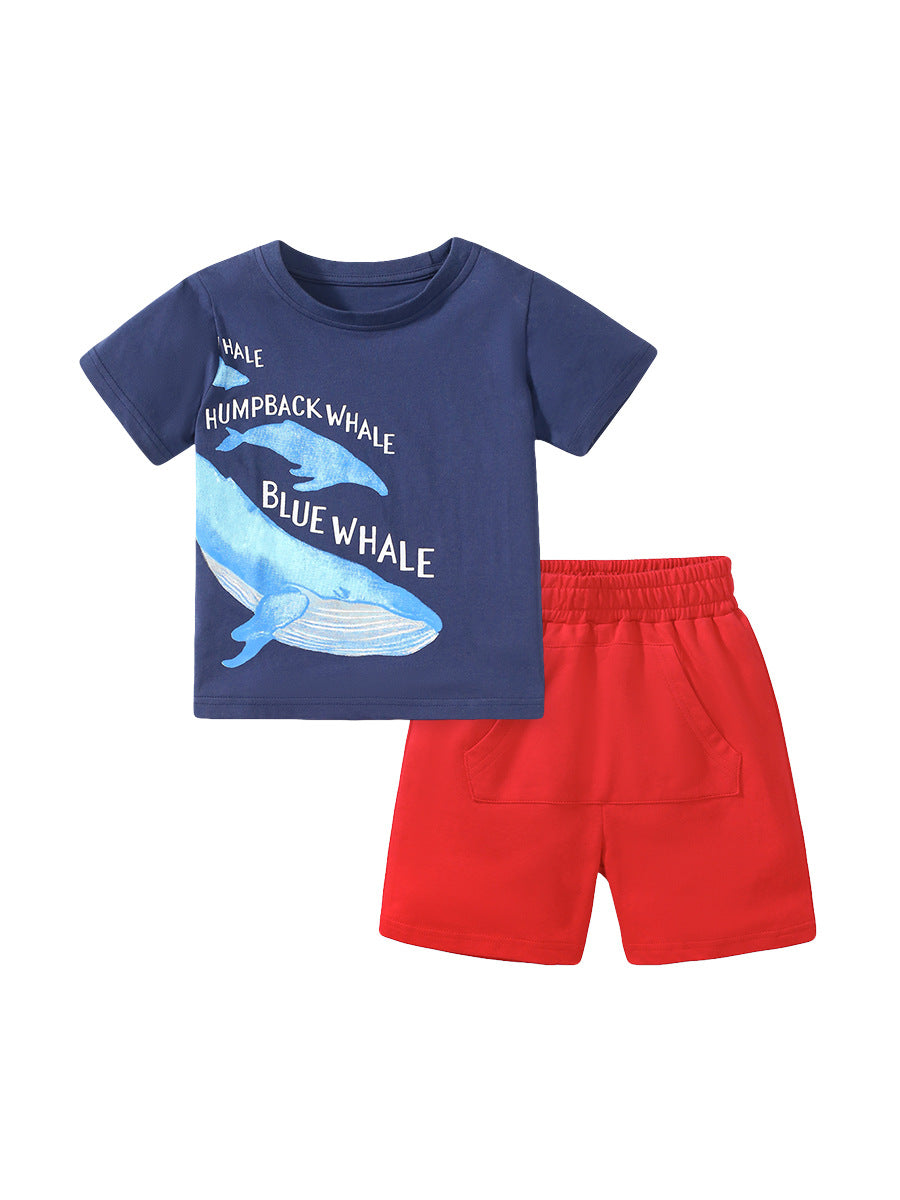 Blue Boys Printed Pure Cotton T-shirt with Shorts