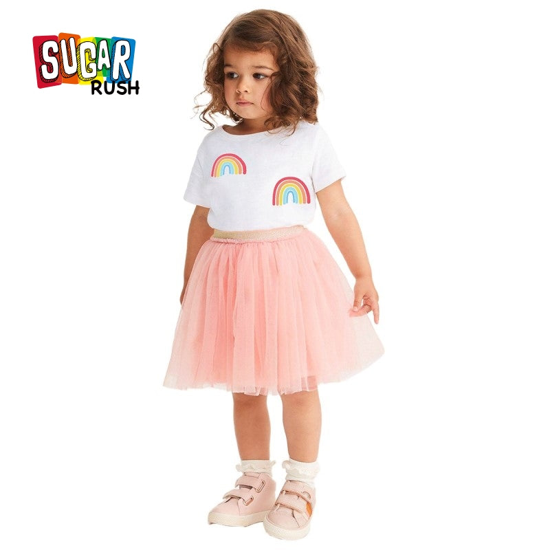 Girls White & Pink Printed Round Neck Top with Skirt