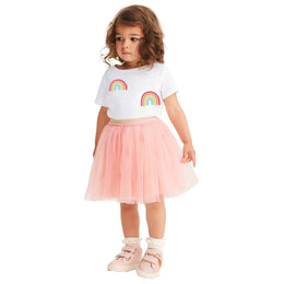 Girls White & Pink Printed Round Neck Top with Skirt