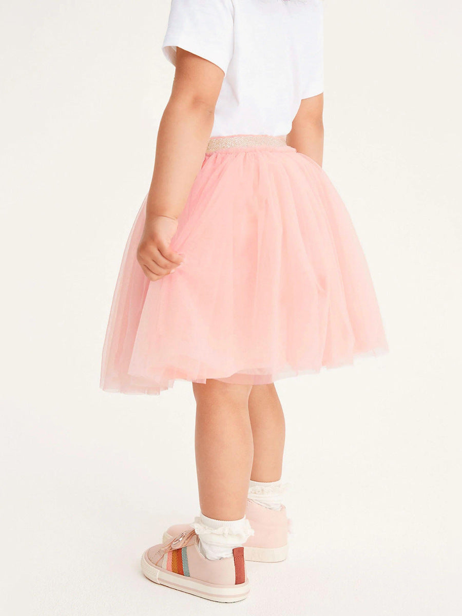 Girls White & Pink Printed Round Neck Top with Skirt