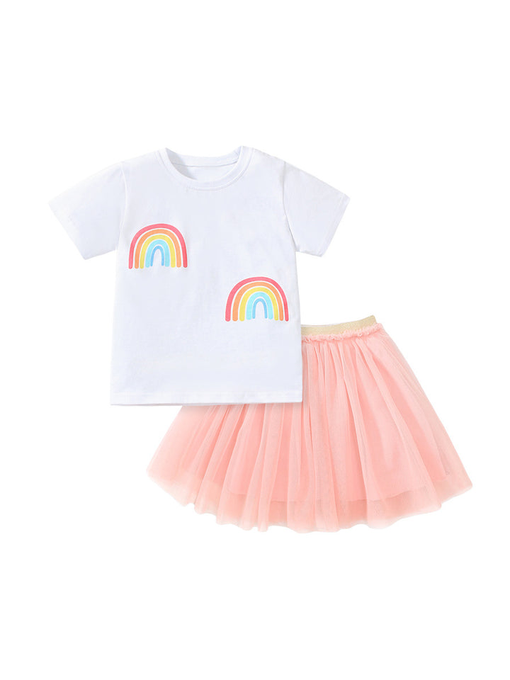 Girls White & Pink Printed Round Neck Top with Skirt