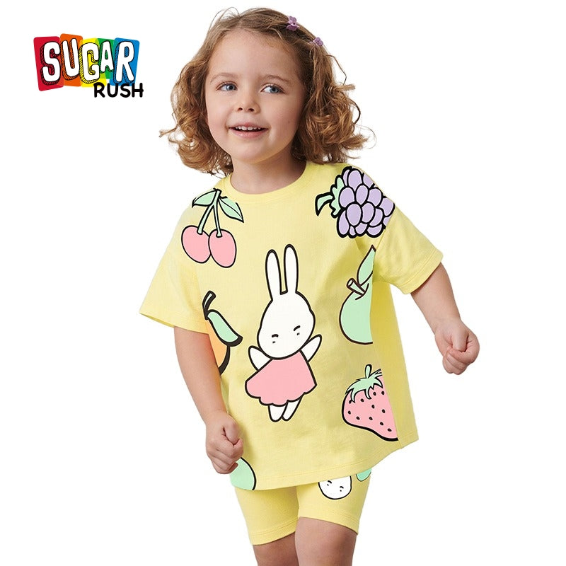 Girls Yellow Graphic Printed Pure Cotton T-shirt with Shorts