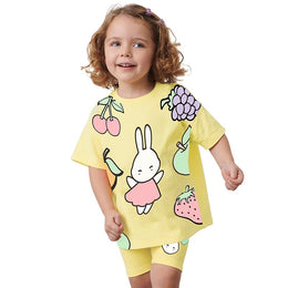 Girls Yellow Graphic Printed Pure Cotton T-shirt with Shorts