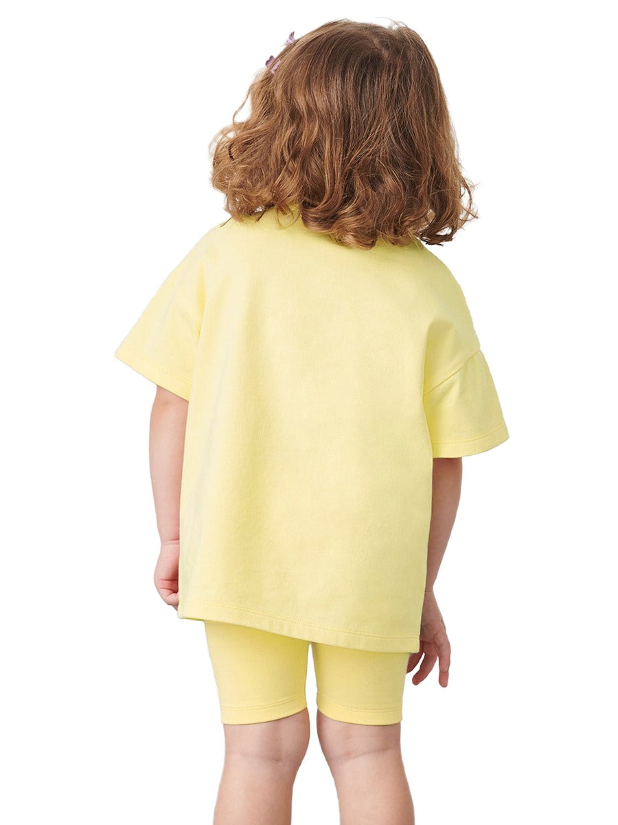 Girls Yellow Graphic Printed Pure Cotton T-shirt with Shorts