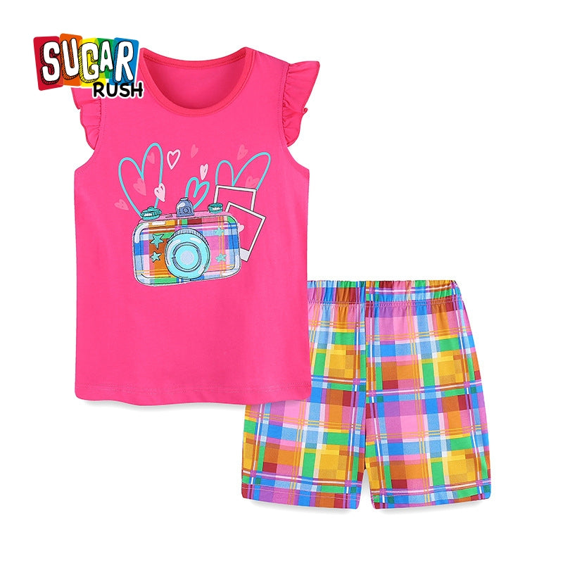 Girls Fuschia Graphic Printed Top with Shorts