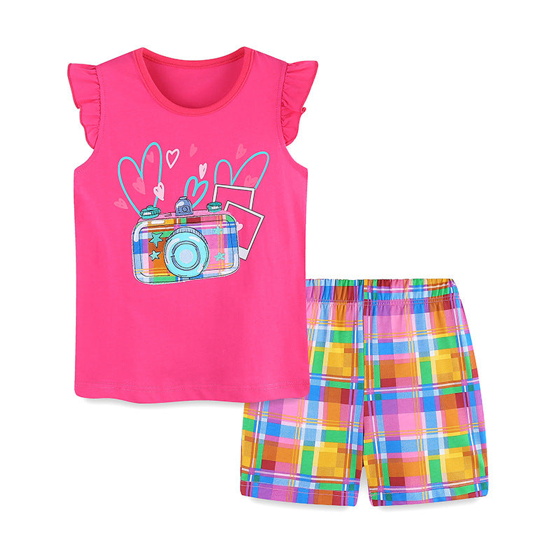 Girls Fuschia Graphic Printed Top with Shorts