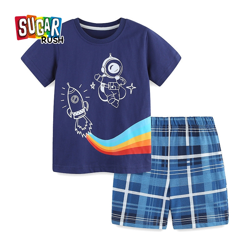 Boys Blue Graphic Printed Pure Cotton Top with Shorts